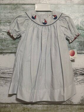 Petit Ami White Navy Dot Embroidered Sailboat Dress 18 Months